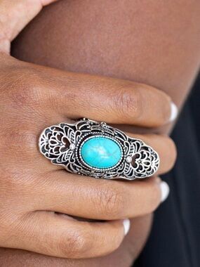 Turquoise Oval Filigree Statement Ring - Blue